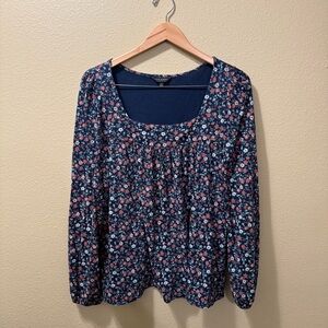Women’s Large Lucky Brand Navy Blue Floral Square Neck Long Sleeve Blouse